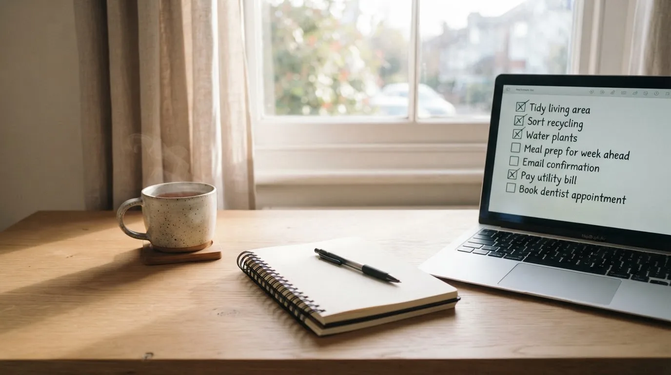 A tidy desk with a notebook, a mug of tea and a laptop open to a checklist, morning light through a window.
