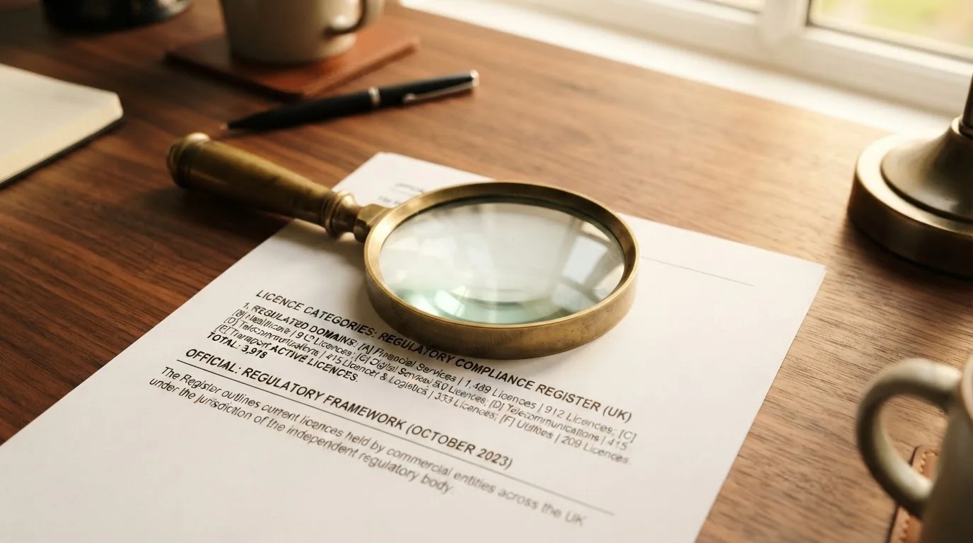 A magnifying glass rests over a printed regulatory certificate on a wooden desk.