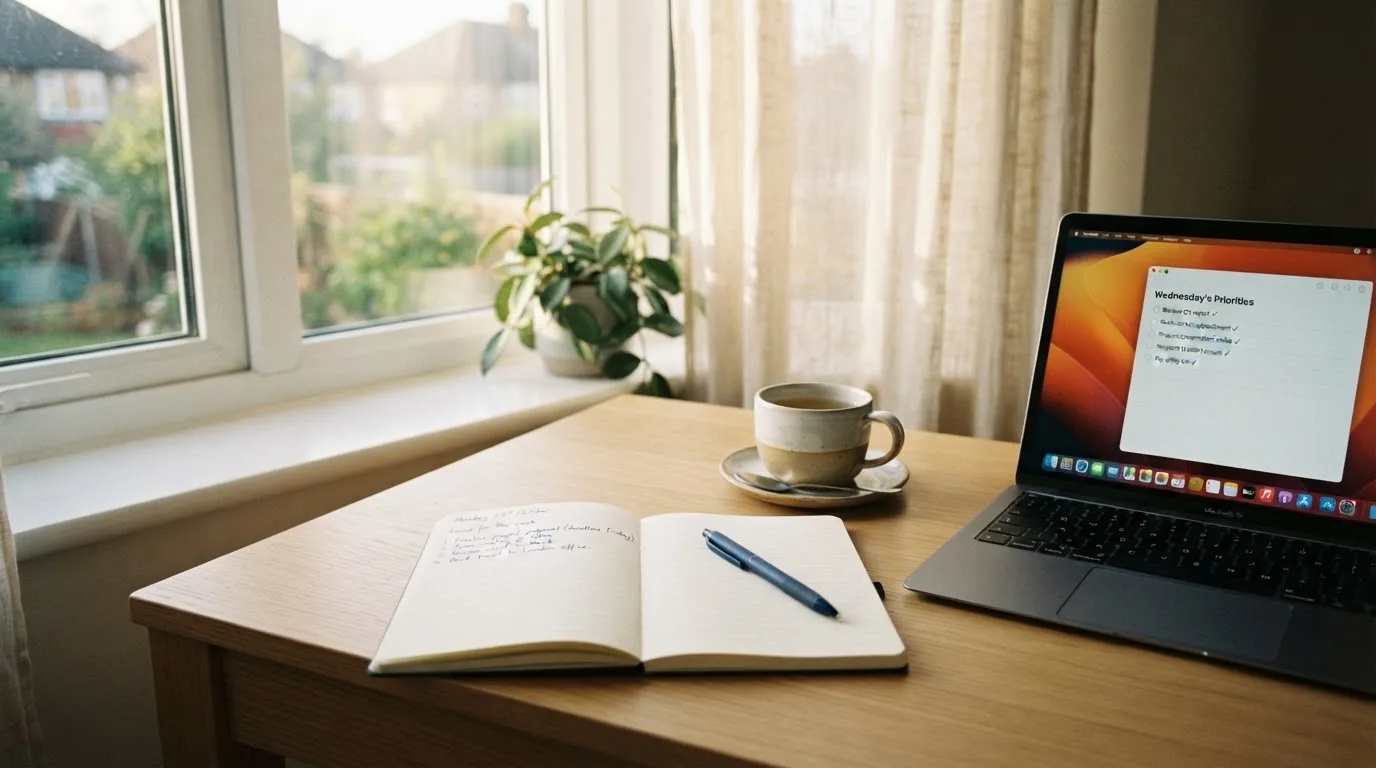 A tidy desk with a notebook, a mug of tea and a laptop open to a checklist, morning light through a window.