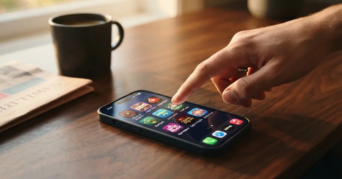 A close-up of a finger tapping a smartphone screen showing rows of app icons.