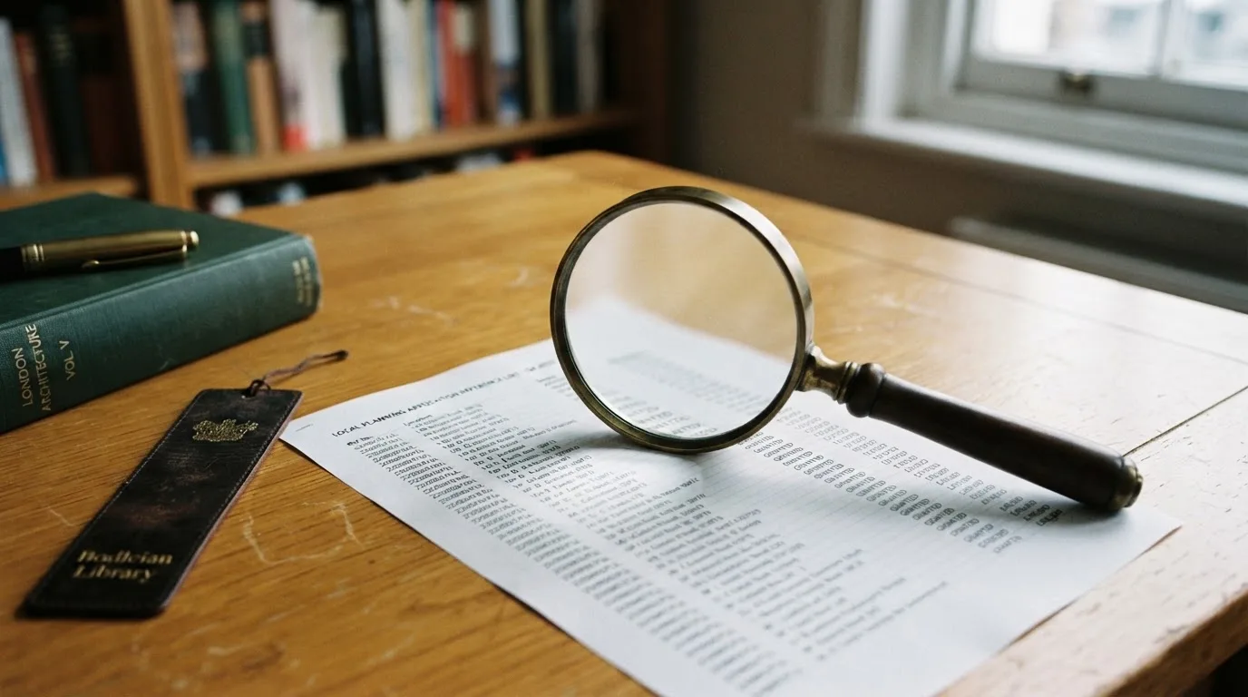 A magnifying glass rests over a printed regulatory certificate on a wooden desk.