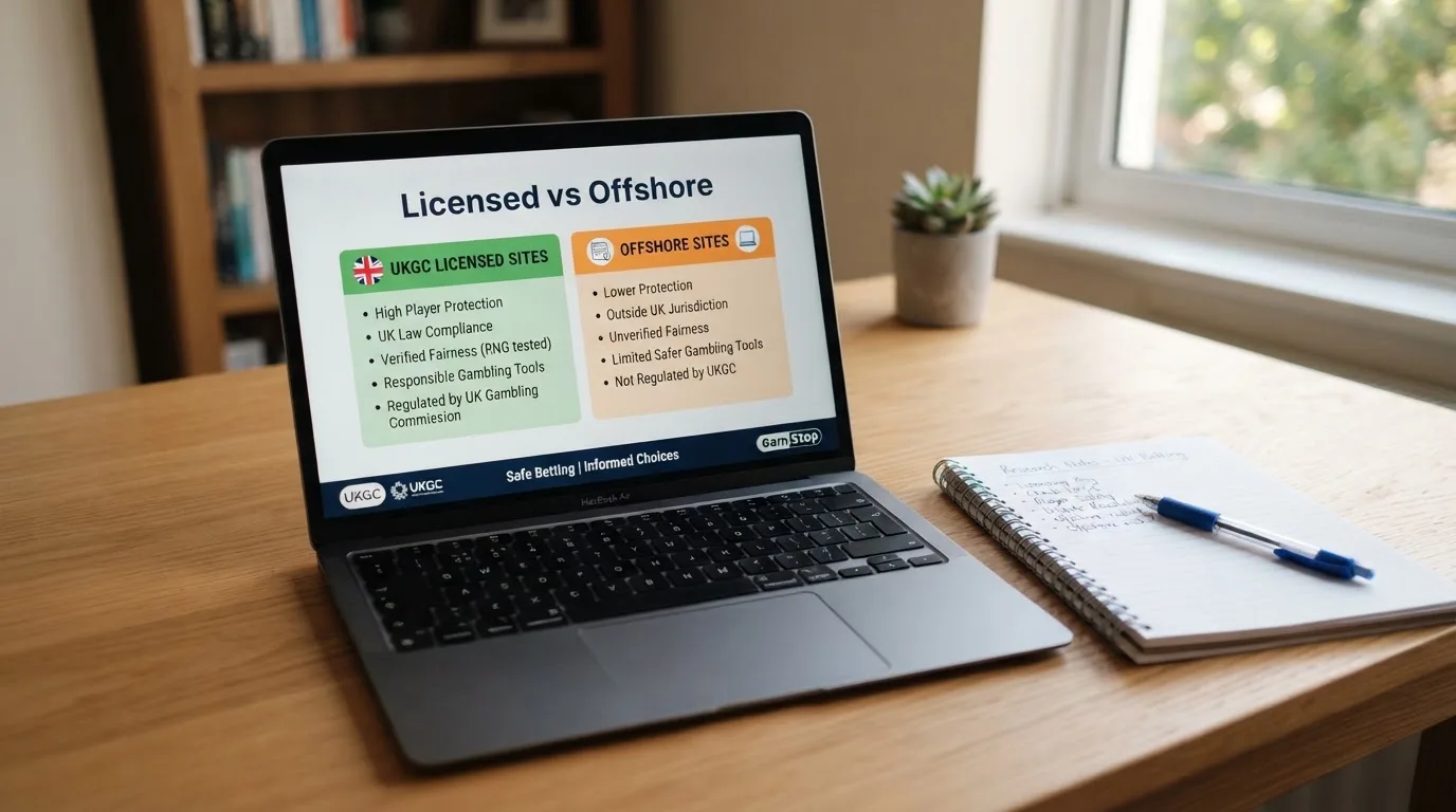 A laptop on a home desk showing a UK online casino comparison page open beside a notepad, with a laptop showing a foreign-registered website's homepage visible in a browser tab list