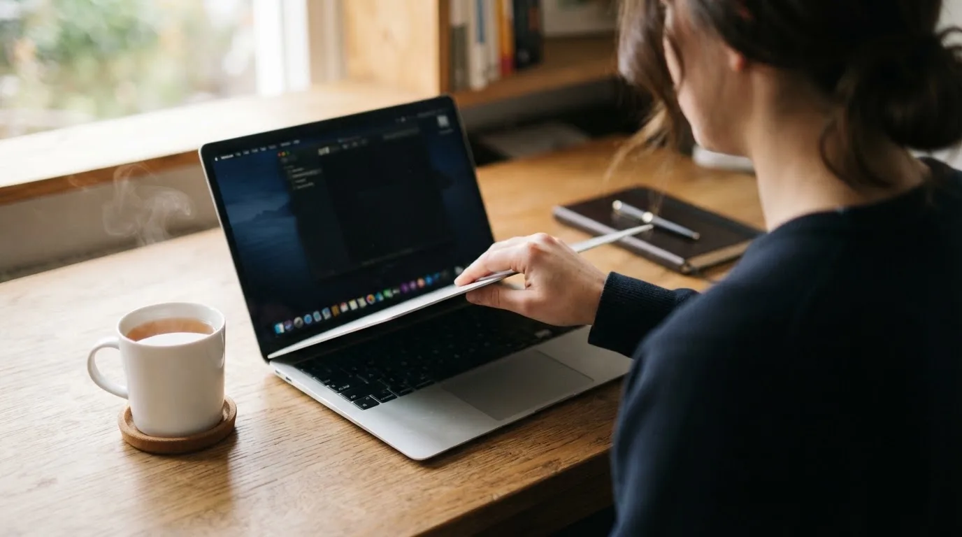 A person closing a laptop beside a cup of tea