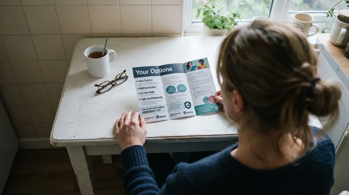 A person reading a self-exclusion leaflet at a kitchen table