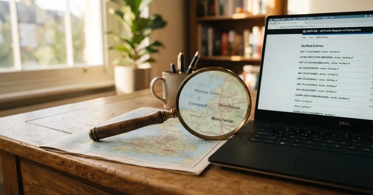 A magnifying glass held over a printed gambling licence certificate on a desk, with a UK map faintly visible in the background