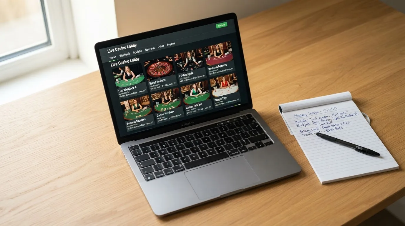 A laptop on a home desk showing a UK online casino comparison page open beside a notepad, with a laptop showing a live casino lobby with several table thumbnails visible in a browser tab list