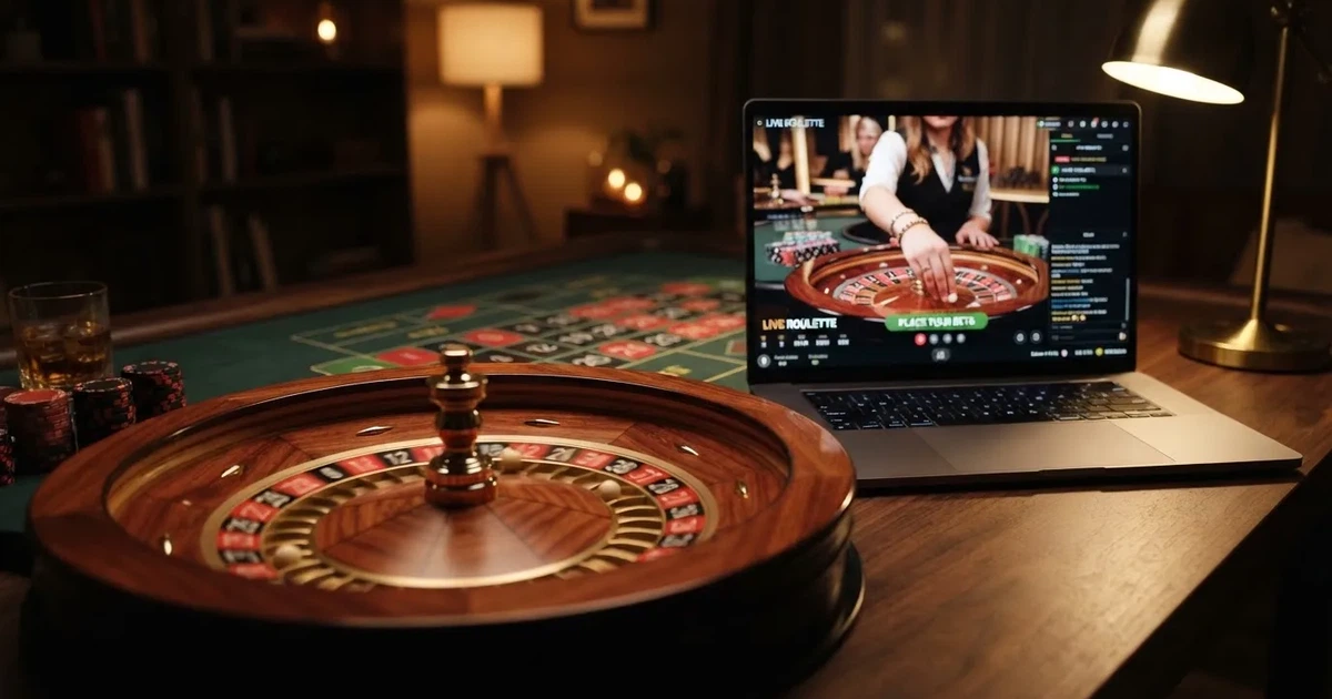 A live dealer roulette wheel streamed to a laptop screen