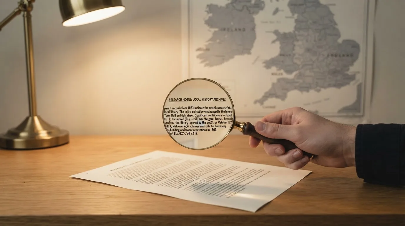 A magnifying glass held over a printed gambling licence certificate on a desk, with a UK map faintly visible in the background