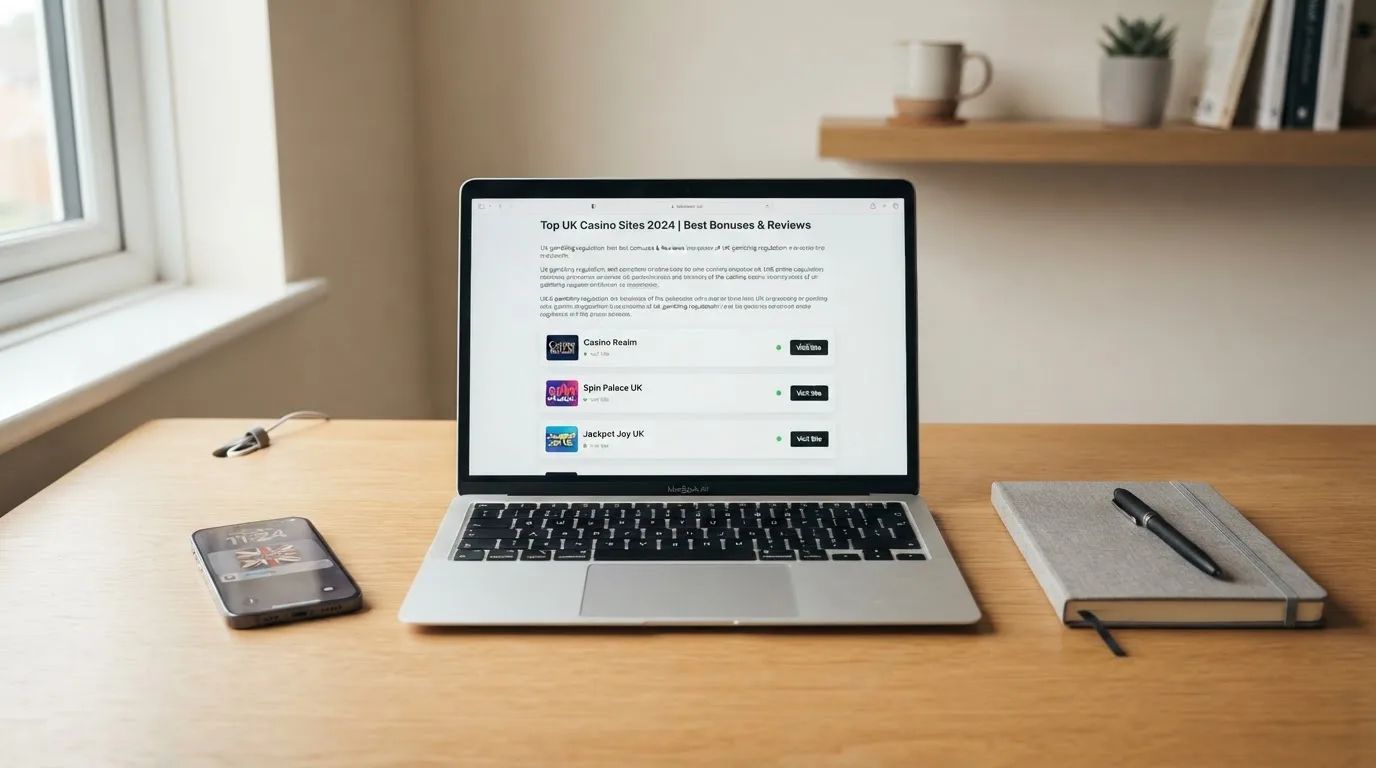 A laptop on a home desk showing a UK online casino comparison page open beside a notepad, with a mobile phone resting on a desk next to a casino app icon screen visible in a browser tab list