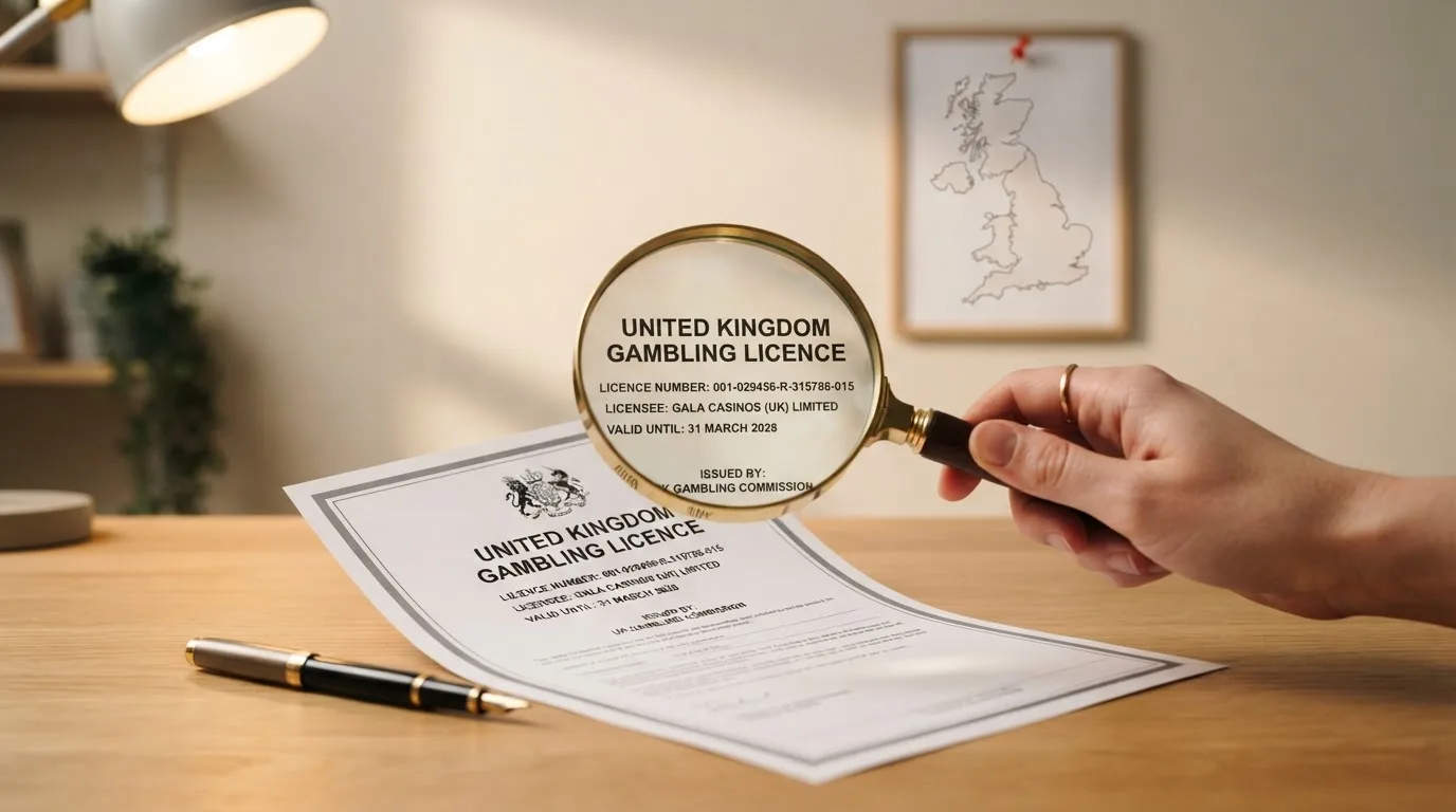 A magnifying glass held over a printed gambling licence certificate on a desk, with a UK map faintly visible in the background