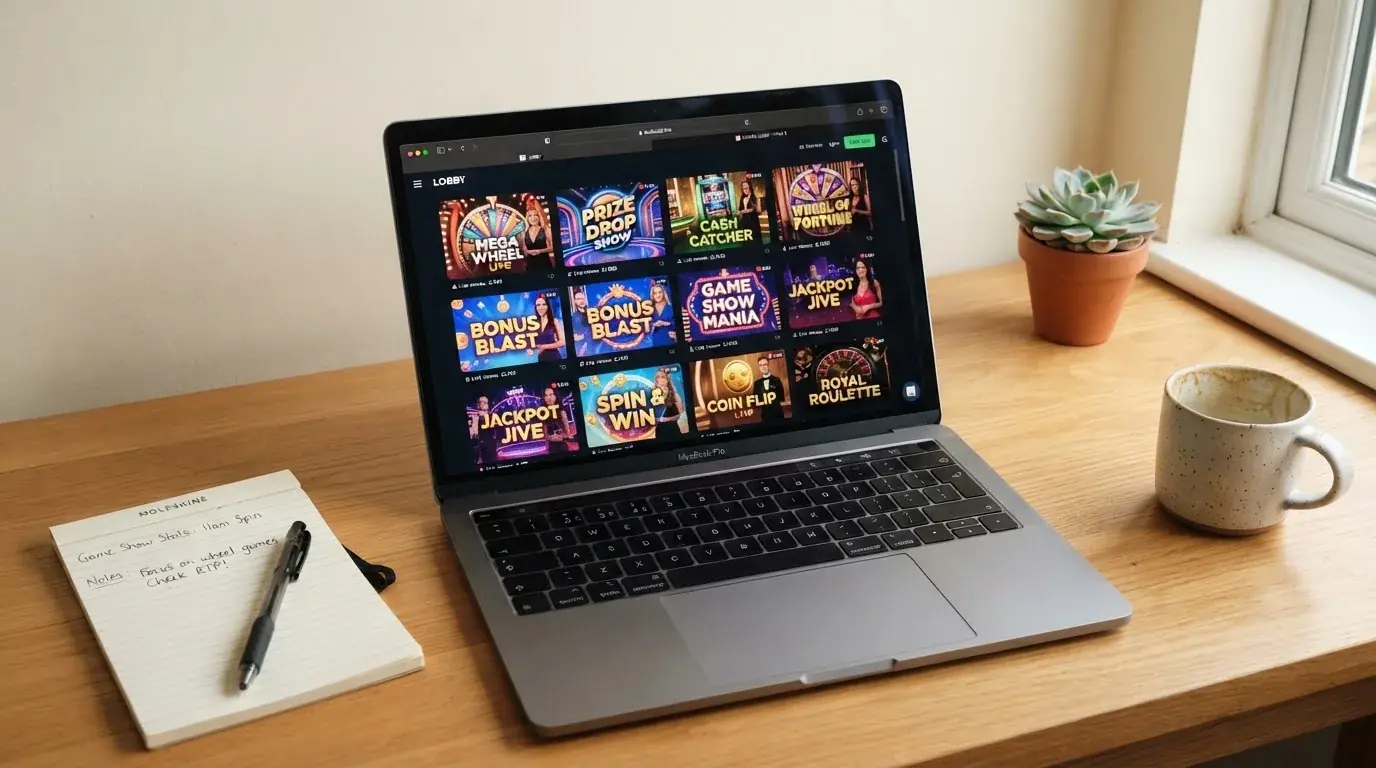 A laptop on a home desk showing a UK online casino comparison page open beside a notepad, with a laptop showing a live casino game show lobby page visible in a browser tab list