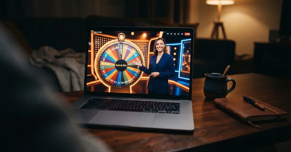 A wheel-based live casino game show studio streamed to a laptop