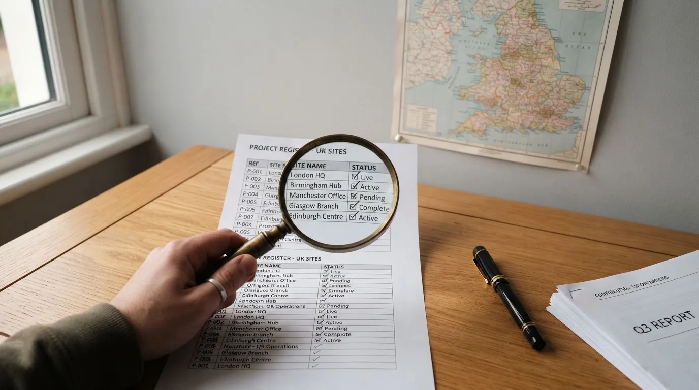 A magnifying glass held over a printed gambling licence certificate on a desk, with a UK map faintly visible in the background