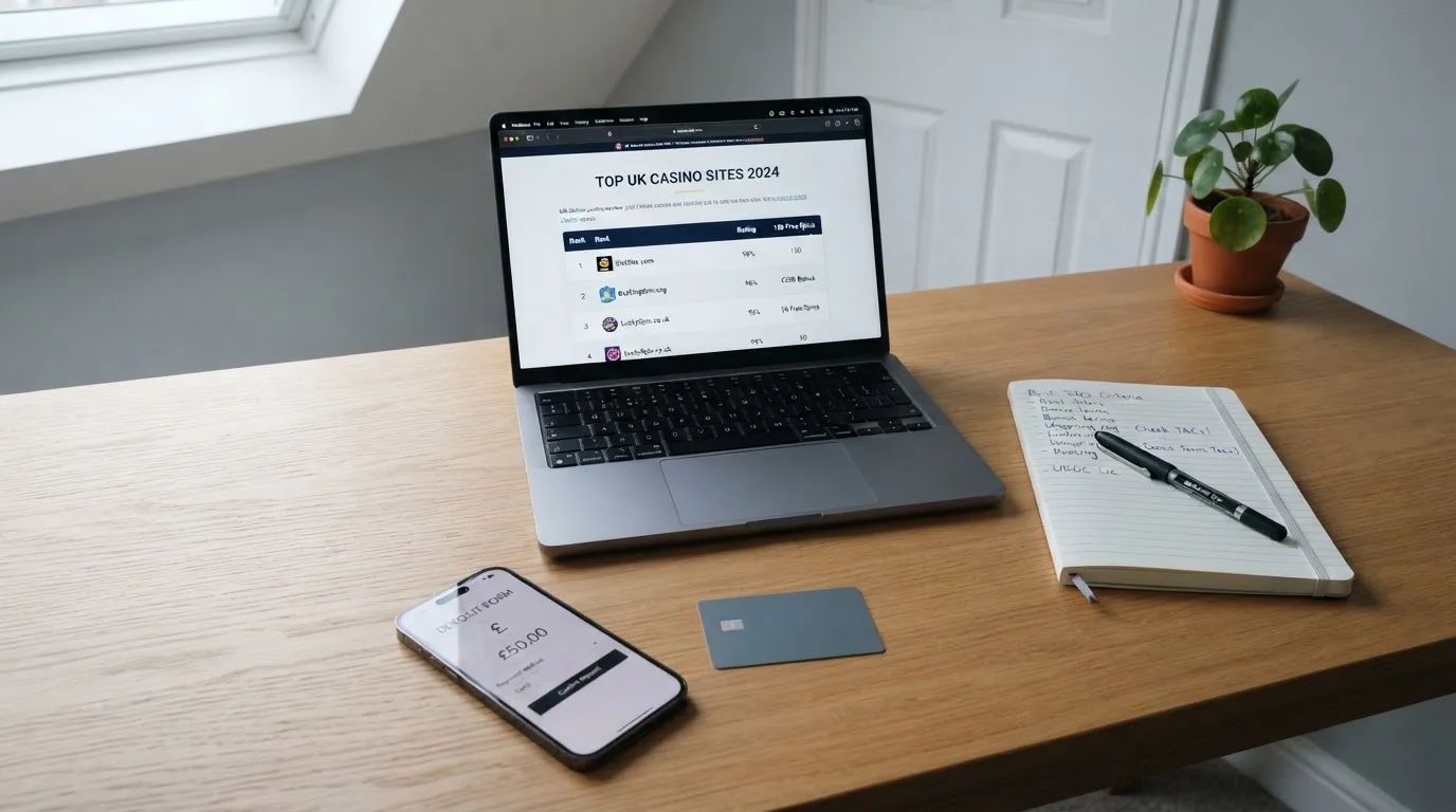A laptop on a home desk showing a UK online casino comparison page open beside a notepad, with a desk with a debit card, a phone and a laptop showing a deposit form visible in a browser tab list