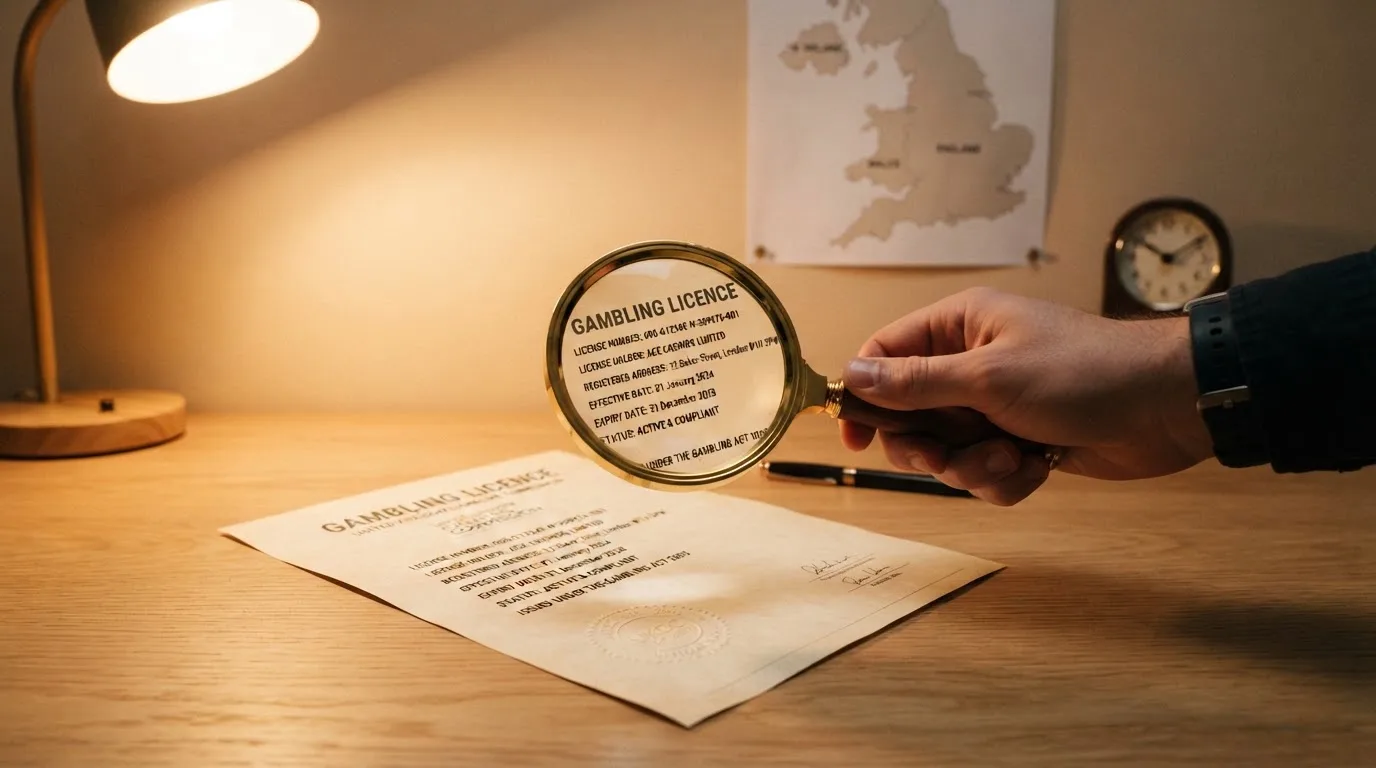 A magnifying glass held over a printed gambling licence certificate on a desk, with a UK map faintly visible in the background