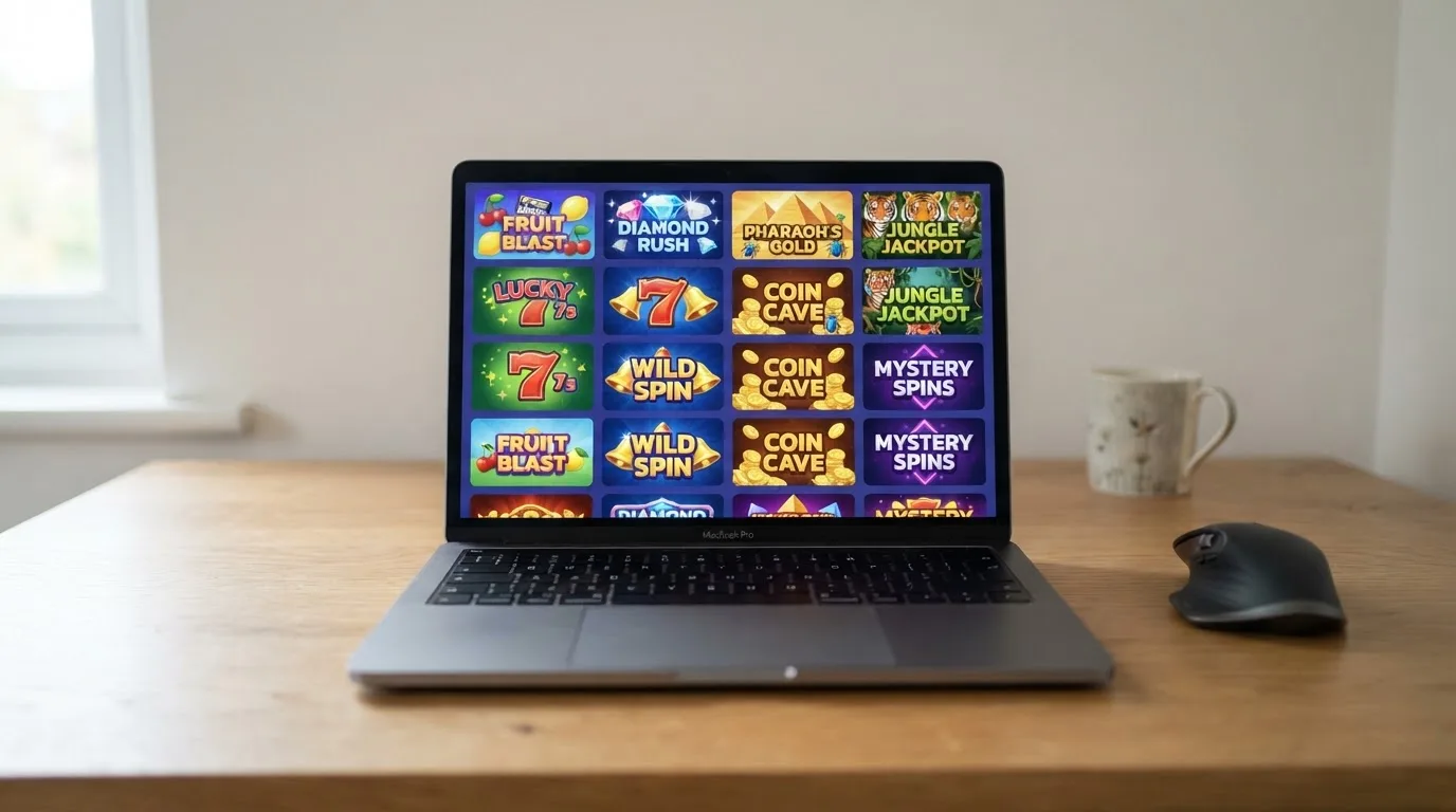 A laptop on a desk displaying a grid of slot game thumbnails in a casino lobby.