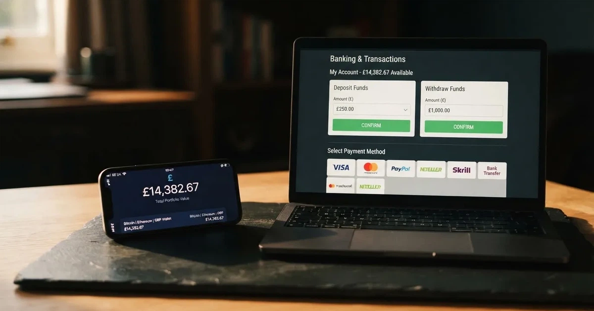 A smartphone displaying a cryptocurrency wallet balance beside a laptop showing a casino site's banking page.