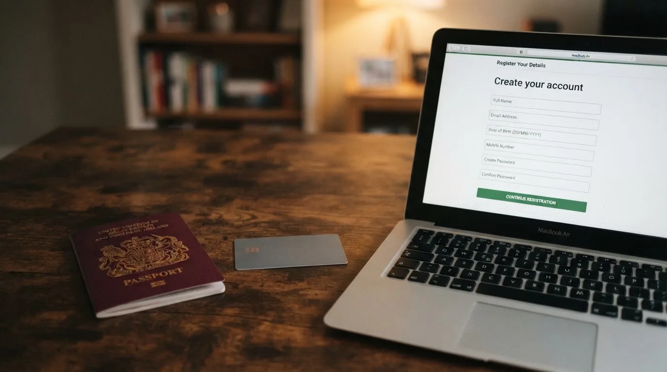 A UK passport and a bank card resting beside a laptop showing an account sign-up screen.