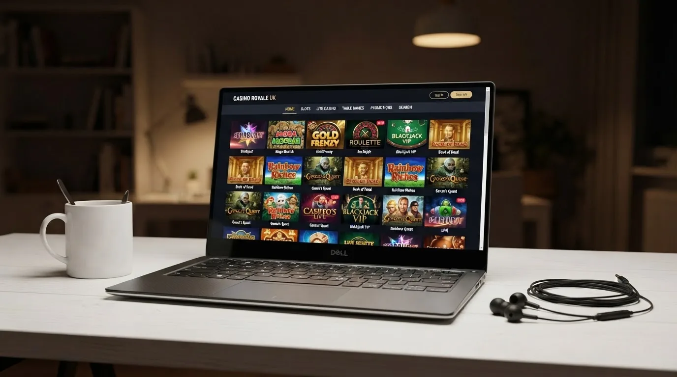 A laptop on a desk displaying a grid of slot game thumbnails in a casino lobby.