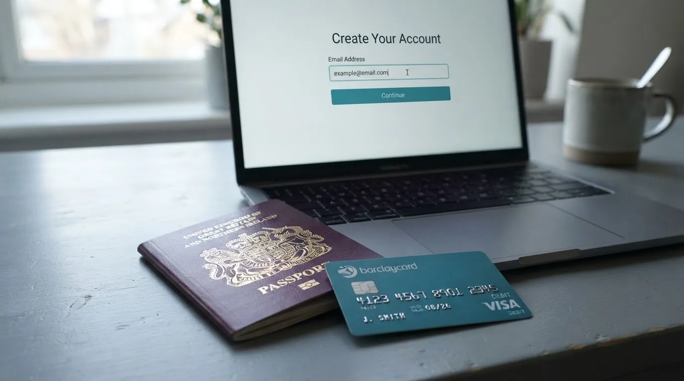 A UK passport and a bank card resting beside a laptop showing an account sign-up screen.