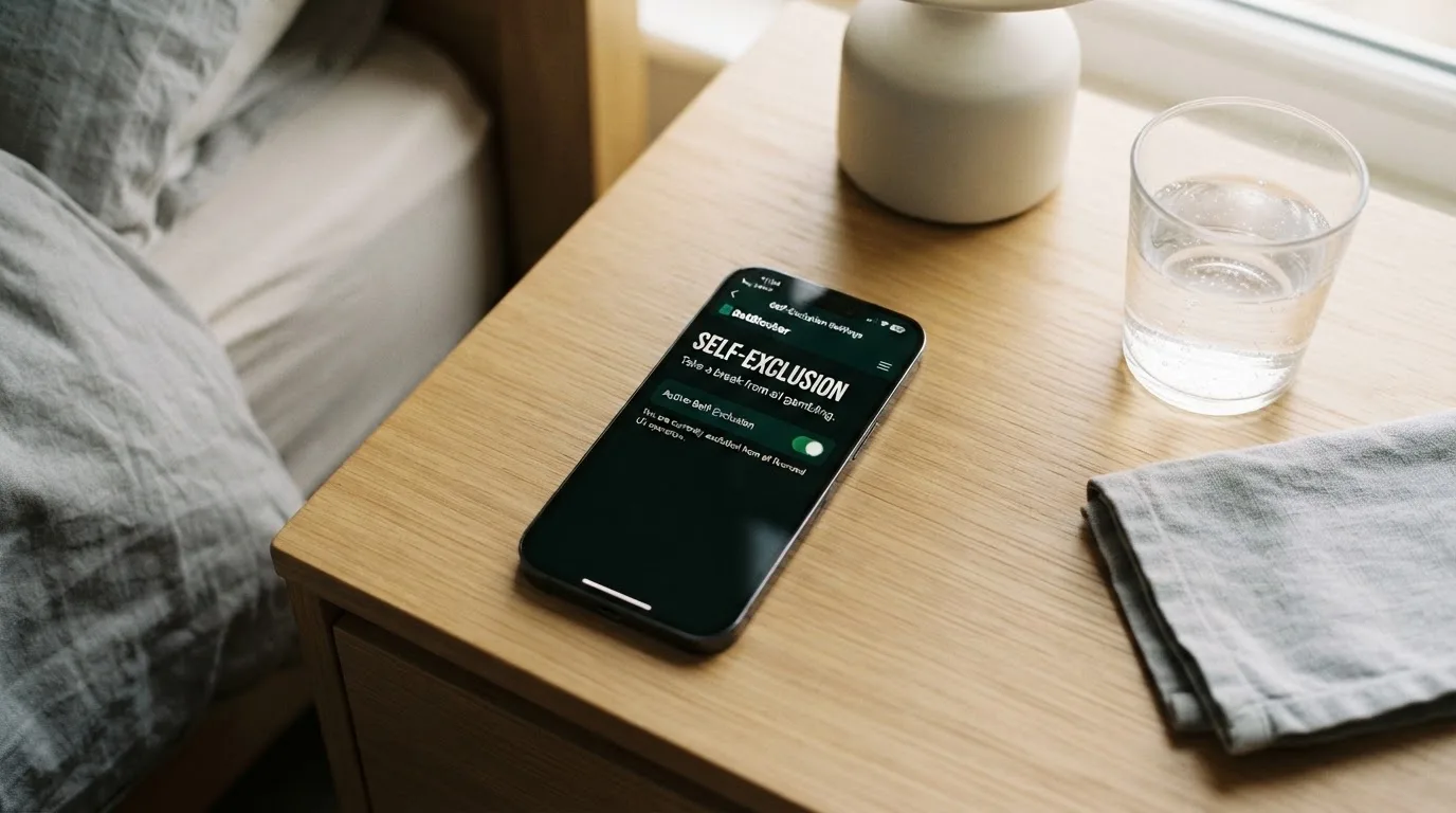 A phone displaying a self-exclusion settings screen next to a glass of water on a bedside table.