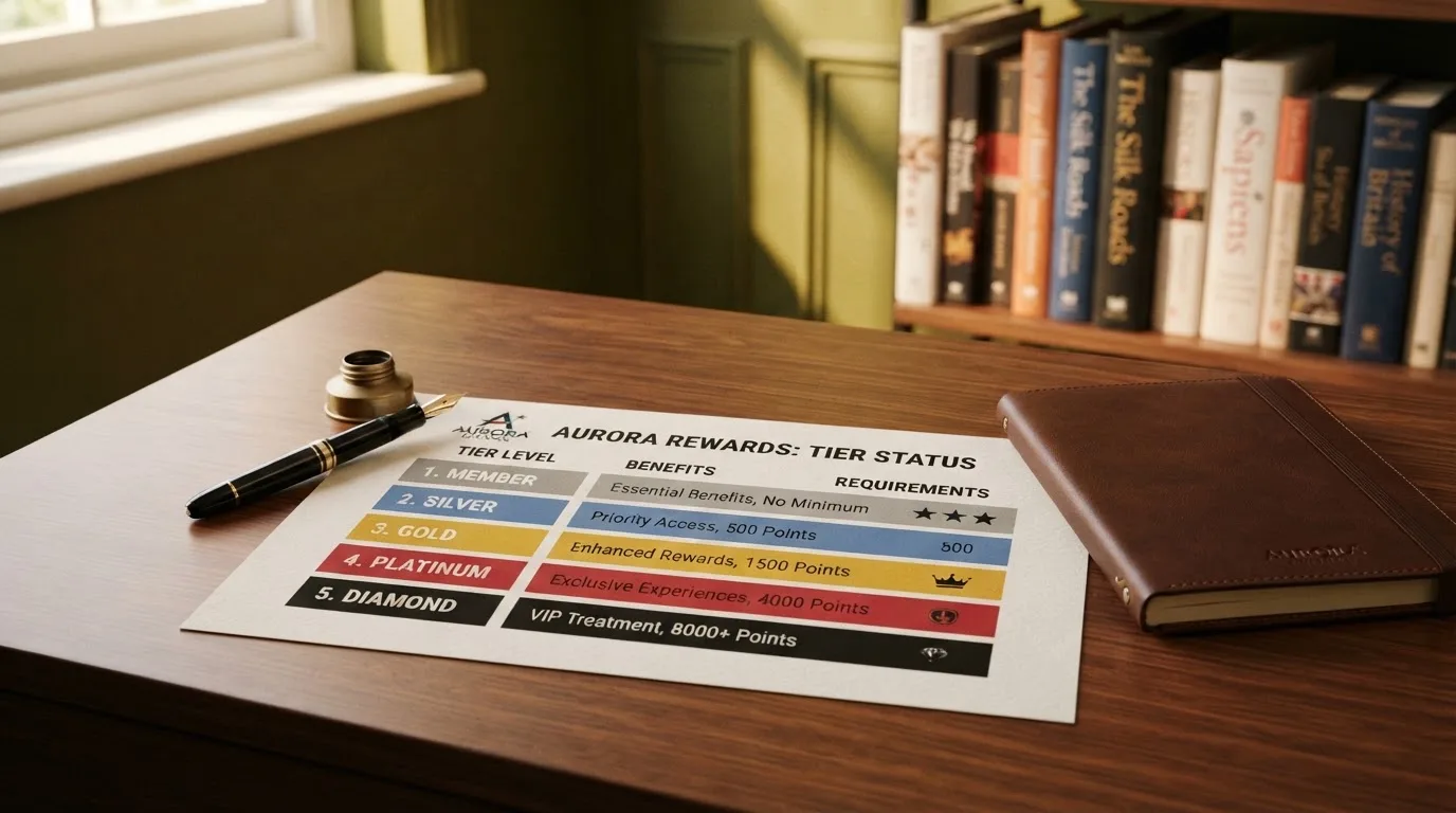 A desk with a printed loyalty-tier chart, a fountain pen, and a closed leather notebook.