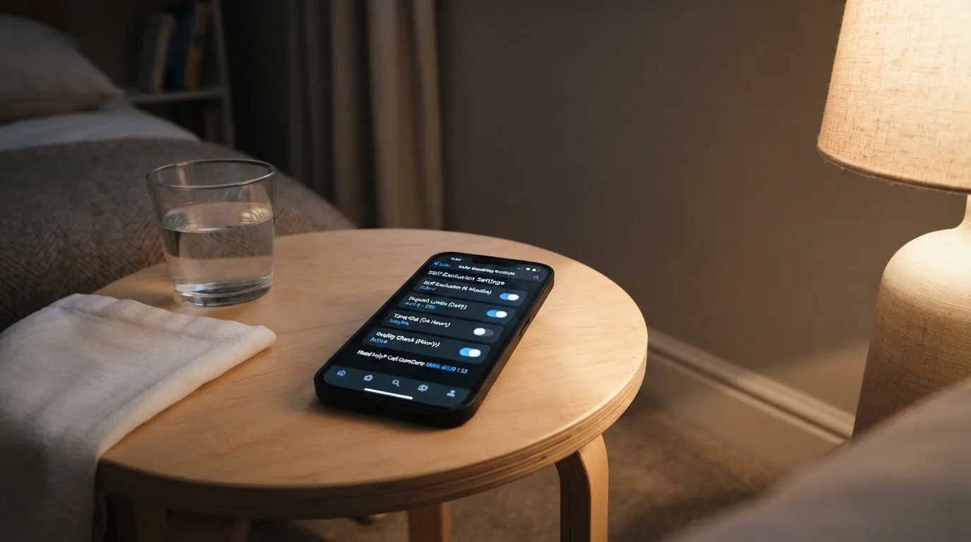 A phone displaying a self-exclusion settings screen next to a glass of water on a bedside table.
