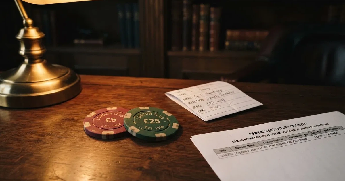 A pair of casino chips and a betting slip arranged beside a printed licence certificate on a desk.