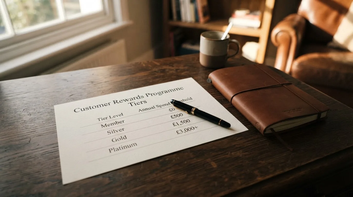 A desk with a printed loyalty-tier chart, a fountain pen, and a closed leather notebook.