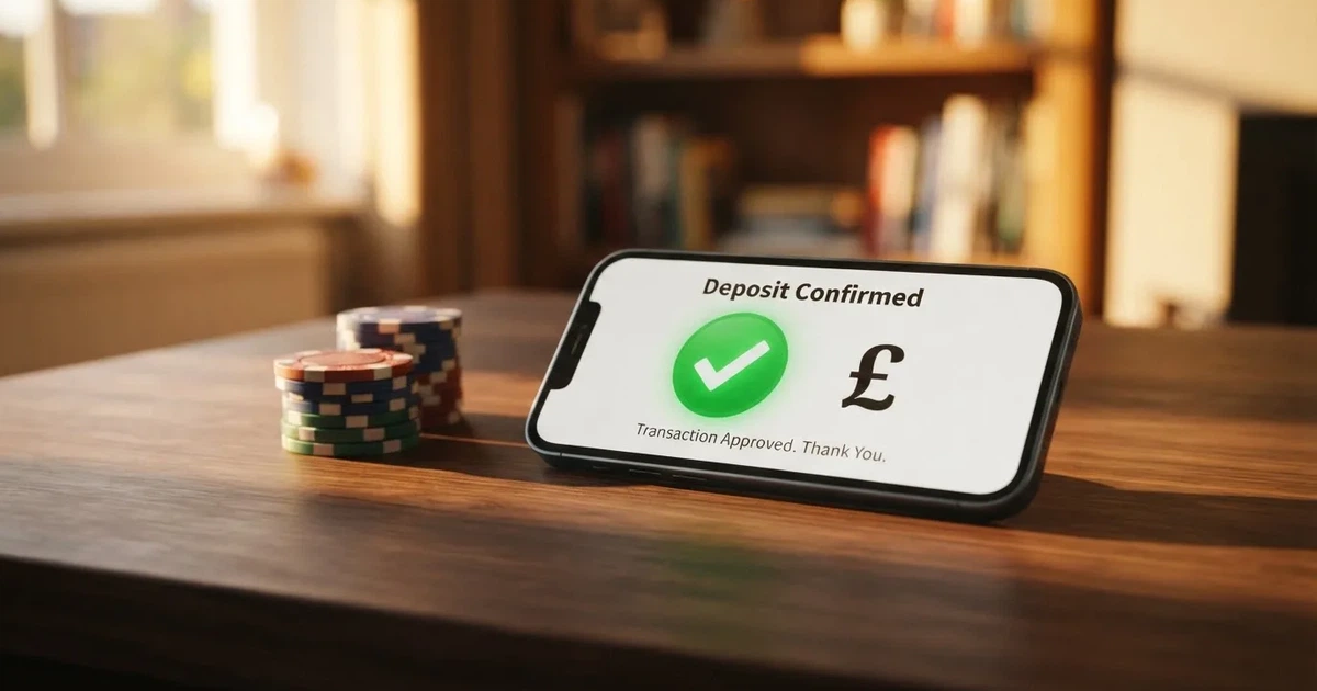 A smartphone on a desk showing a payment confirmation tick beside a small stack of pound coins.
